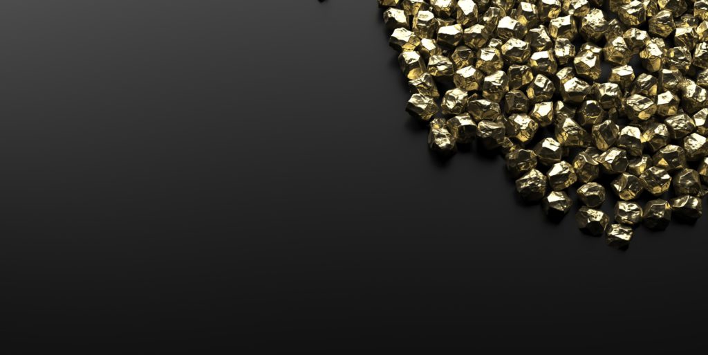 Luxury mineral concept. Gold nuggets on black empty background, copy space. 3d illustration