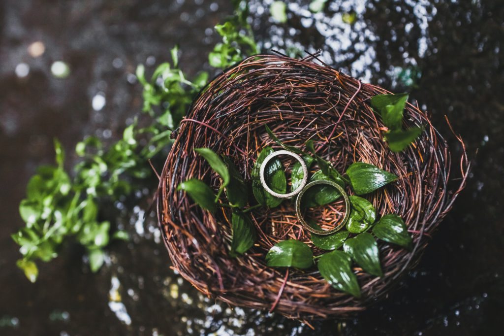Two wedding rings in handmade wicker nest on wedding ceremony